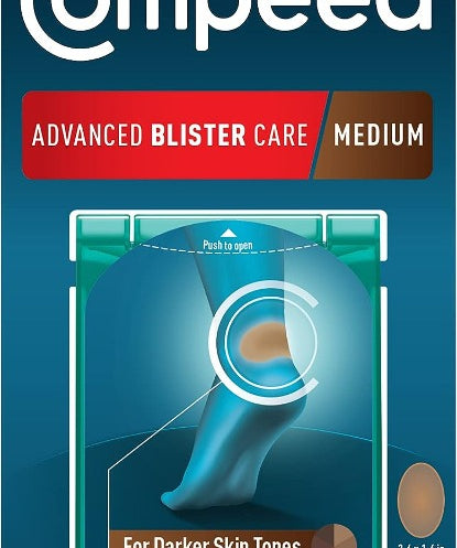 The front of a blue, red, and brown Compeed brand package with 10 medium-size blister patches for runners, hikers, and dancers with brown and black skin tones.